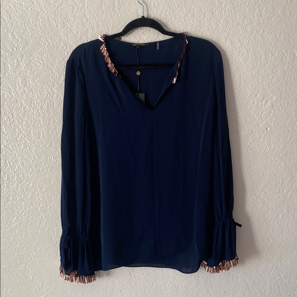 Kobi Halperin 100% Silk Juliette Embellished Georgette Blouse Size M Navy Gold - Picture 2 of 8